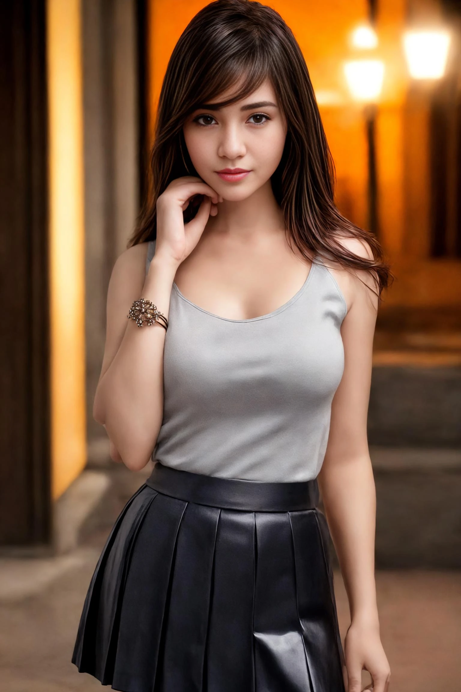 (8k, RAW photo, best quality, masterpiece:1.2), ultra detailed, ultra high res, (realistic, photo realistic:1.37), high detail RAW color photo, professional photograph, depth of field, an extremely delicate and beautiful, extremely detailed, 8k wallpaper, Amazing, finely detail, huge file size, official art, extremely detailed CG unity 8k wallpaper, extremely detailed beautiful girl, extremely detailed face, extremely detailed eyes, extremely detailed skin, extremely detailed fingers, extremely detailed nose, extremely detailed mouth, perfect anatomy, highly detailed background, extremely detailed clothing, 1girl, cute girl, realistic body, petite, fair skin, shiny skin, good figure, black hair, smile, cute, young, cute face, face, realistic face, beautifully detailed eyes, drooping eyes, beautiful big eyes, large dark eyes, beautiful and clear eyes, (black pleated skirt:1.2), earrings, (hair ribbon:1.2), looking at viewer, cowboy shot, face the front, standing posture, contrapposto, outdoors, (night:1.2), <lora:add_detail:1>