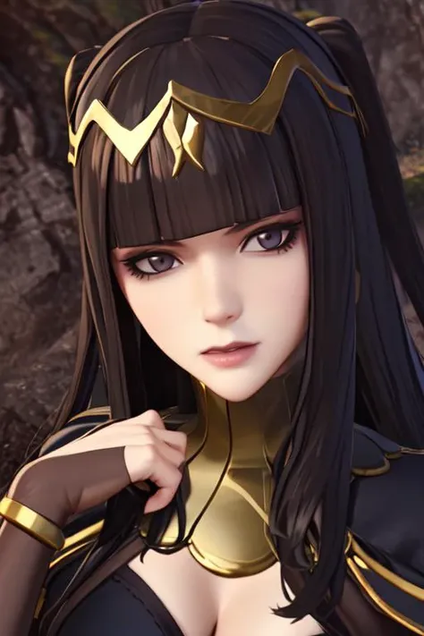 ((extreme detail)),(ultra-detailed), extremely detailed CG unity 8k wallpaper, tharja, <lora:Tharja:0.7>, 3d model, gold-lined bodystocking, hair ornament, cape, looking at viewer, parted lips, head turn, portrait,