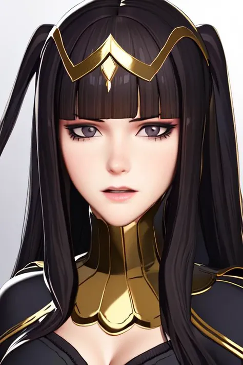 ((extreme detail)),(ultra-detailed), extremely detailed CG unity 8k wallpaper, tharja, <lora:Tharja:0.7>, 3d model, gold-lined bodystocking, gold hairband, gold collar, looking at viewer, parted lips, head turn, portrait,