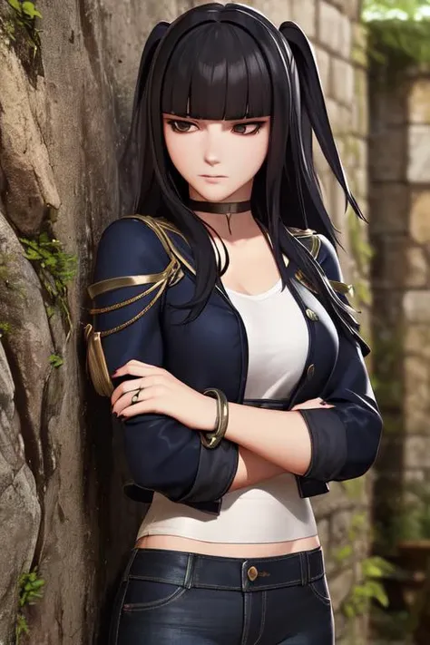 ((extreme detail)),(ultra-detailed), extremely detailed CG unity 8k wallpaper, <lora:Tharja:0.7> 3d model, tharja, ((white shirt)), denim jacket, jeans, expressionless, crossed arms, looking away, ((choker)), stone wall, black fingernails, bracelet,