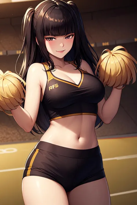 best quality, masterpiece, tharja, <lora:TharjaFE:0.7>cheerleader uniform, smile, excited, cowboy shot, football field,