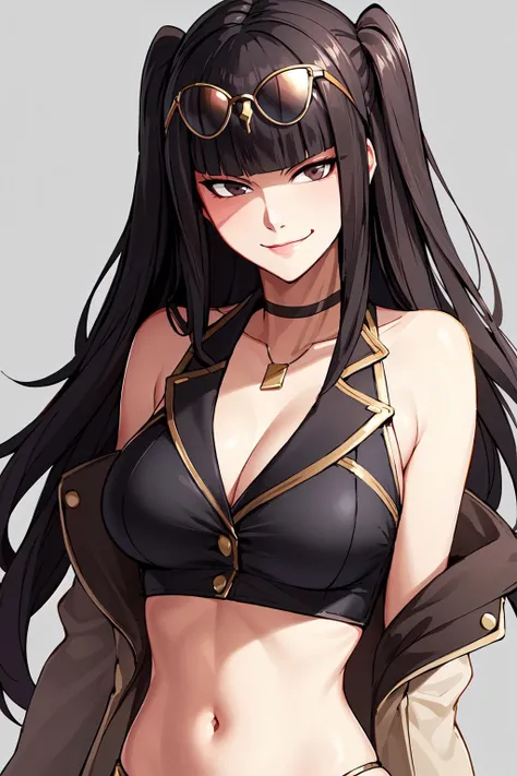 best quality, masterpiece, tharja, <lora:TharjaFE:0.7>smirk,smug, jacket, edgCJ, chic jacket, <lora:edgChicJackets:0.7>sunglasses, choker