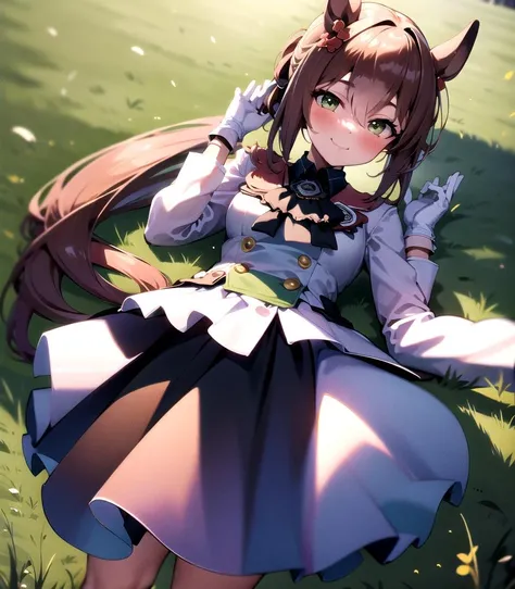 masterpiece, 8k wallpaper, best quality, 1girl, FineMotion, <lora:FineMotion>, smile, blush, grass, looking at the viewer, solo, standing, long sleeves, white gloves, lying,