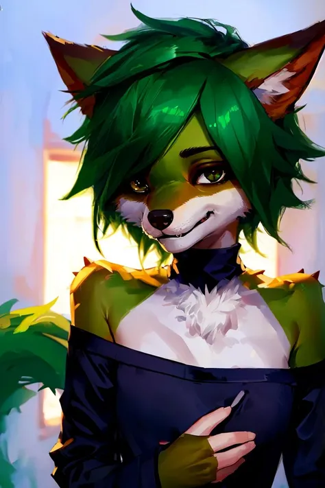 furry, upper body, wolfboy, long sleeves, black shirt, off shoulder, green fur, short spiked hair, hair over one eye, green face, green body, brown eyes, <lora:general_canine:0.9:RAND1>, <lora:LowRa:0.6>