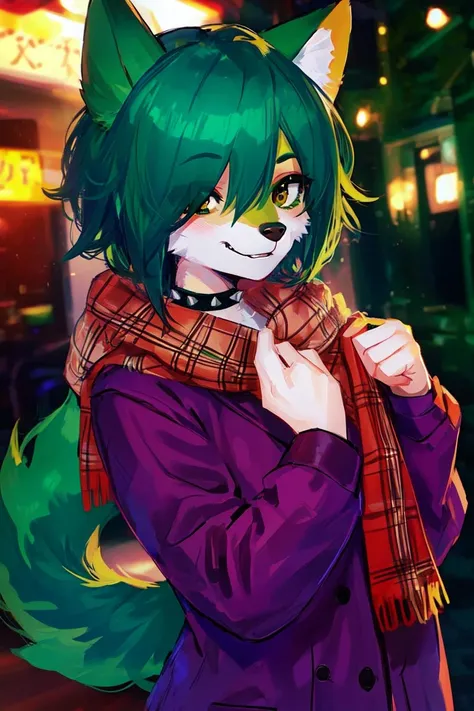 furry, upper body, wolfboy, long sleeves, plaid scarf, shirt, official alternate costume, choker, green fur, short spiked hair, hair over one eye, green face, green body, brown eyes, <lora:general_canine:0.9:RAND1>, <lora:LowRa:0.6>