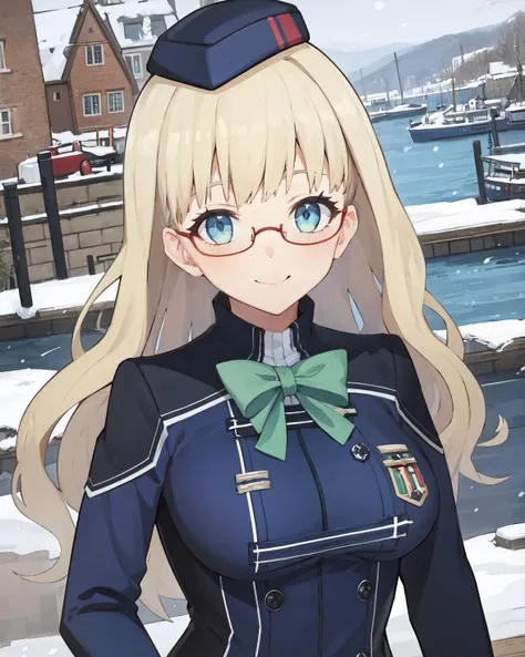 best quality, (masterpiece:1.2), illustration, absurdres, <lora:camonome_e8:0.2>, <lora:WaeroArtist-21:0.4>, <lora:senran_kagura-10:0.3>,<lora:flat2:0.5>
(1girl), (solo), (beautiful detailed girl), (upper body, portrait),
<lora:LouiseUniform-000008:0.9>, Louise, blonde hair, long hair, blue eyes, medium breasts, glasses, red-framed glasses,
blue garrison cap,
blue military uniform, long sleeves, green bowtie, pleated skirt, black pantyhose, brown boots,
(looking at viewer), smile,
winter, cold, snow, snowing, harbor, port, dark, stone buildings, cobblestone buildings, medieval village, viking village,