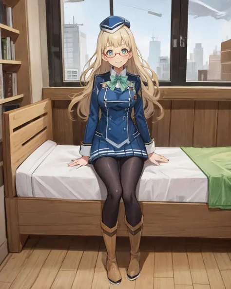 best quality, (masterpiece:1.2), illustration, absurdres, <lora:ColorPencil:0.8>, <lora:sketch v2:0.3>, sketch, drawing, colorpencil,
(1girl), (solo), (beautiful detailed girl), full body,
<lora:LouiseUniform-000008:0.9>, Louise, blonde hair, long hair, blue eyes, medium breasts, glasses, red-framed glasses,
blue garrison cap,
blue military uniform, long sleeves, green bowtie, pleated skirt, black pantyhose, brown boots,
(looking at viewer), smile,
bedroom, intricate detailed bedroom, bed, sheets, shelf, window, day, table, rug, wooden floor,