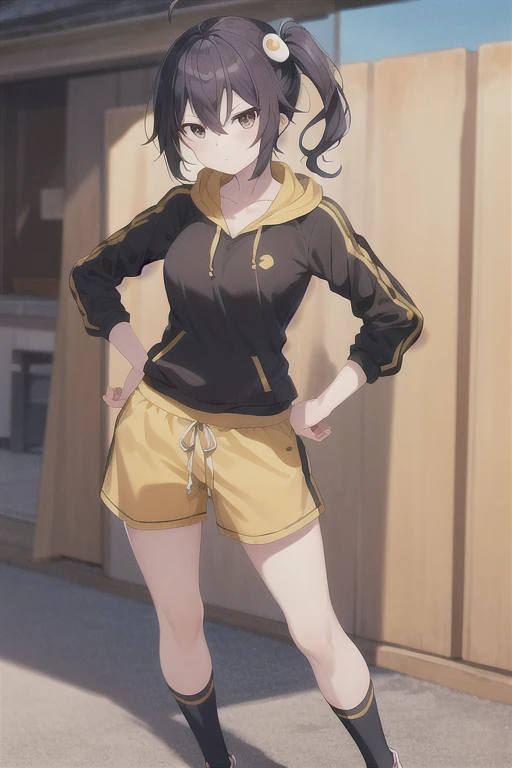 masterpiece,bestquality,ultra-detailed,Cinematic Lighting,llustration,masterpiece, best quality, 1girl, medium breasts, solo, <lora:Araragi Karen:0.5>, araragi karen, hair ornament, egg hair ornament, side ponytail, black hair, food-themed hair ornament, jacket, shorts, ahoge, hood, socks, track jacket, fried egg, looking at viewer, black eyes, black shirt, shirt, hand on hip, egg (food), yellow shorts, red socks, food, hooded track jacket, frown, asymmetrical hair, long hair, closed mouth, skatesrealistic and detailed clothes, fine fabric emphasis, photorealistic, (extremely detailed), detailed hair, best resolution, best quality, best resolution, best quality, (Masterpiece), extremely detailed face, Original Character, perfect lighting, best colors, colorful, beautiful, fine detail, ultra high resolution, Natural Volumetric Lighting And Best Shadows, Deep Depth Of Field, (Highest Quality, Amazing Details:1.4)