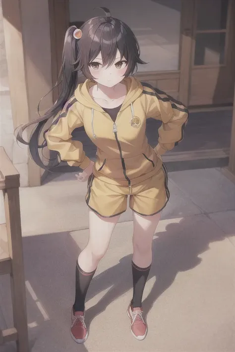 masterpiece,bestquality,ultra-detailed,Cinematic Lighting,llustration,masterpiece, best quality, 1girl, medium breasts, solo, <lora:Araragi Karen:0.5>, araragi karen, hair ornament, egg hair ornament, side ponytail, black hair, food-themed hair ornament, jacket, shorts, ahoge, hood, socks, track jacket, fried egg, looking at viewer, black eyes, black shirt, shirt, hand on hip, egg (food), yellow shorts, red socks, food, hooded track jacket, frown, asymmetrical hair, long hair, closed mouth, skatesrealistic and detailed clothes, fine fabric emphasis, photorealistic, (extremely detailed), detailed hair, best resolution, best quality, best resolution, best quality, (Masterpiece), extremely detailed face, Original Character, perfect lighting, best colors, colorful, beautiful, fine detail, ultra high resolution, Natural Volumetric Lighting And Best Shadows, Deep Depth Of Field, (Highest Quality, Amazing Details:1.4)