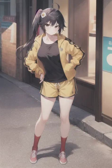 masterpiece,bestquality,ultra-detailed,Cinematic Lighting,llustration,masterpiece, best quality, 1girl, medium breasts, solo, <lora:Araragi Karen:0.5>, araragi karen, hair ornament, egg hair ornament, side ponytail, black hair, food-themed hair ornament, jacket, shorts, ahoge, hood, socks, track jacket, fried egg, looking at viewer, black eyes, black shirt, shirt, hand on hip, egg (food), yellow shorts, red socks, food, hooded track jacket, frown, asymmetrical hair, long hair, closed mouth, skatesrealistic and detailed clothes, fine fabric emphasis, photorealistic, (extremely detailed), detailed hair, best resolution, best quality, best resolution, best quality, (Masterpiece), extremely detailed face, Original Character, perfect lighting, best colors, colorful, beautiful, fine detail, ultra high resolution, Natural Volumetric Lighting And Best Shadows, Deep Depth Of Field, (Highest Quality, Amazing Details:1.4)
