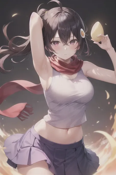 masterpiece,bestquality,ultra-detailed,Cinematic Lighting,llustration,masterpiece, best quality, 1girl, medium breasts, solo, <lora:Araragi Karen:0.5>, egg hair ornament, araragi karen, food-themed hair ornament, skirt, hair ornament, navel, black hair, breasts, ahoge, white background, pink shirt, shirt, long hair, side ponytail, sleeveless, simple background, midriff, purple skirt, pleated skirt, closed mouth, bangs, blush, looking at viewer, hair between eyes, sleeveless shirt, scarf, fried egg, black eyes, arms up, armpits, egg (food), red scarf, bow, skatesrealistic and detailed clothes, fine fabric emphasis, photorealistic, (extremely detailed), detailed hair, best resolution, best quality, best resolution, best quality, (Masterpiece), extremely detailed face, Original Character, perfect lighting, best colors, colorful, beautiful, fine detail, ultra high resolution, Natural Volumetric Lighting And Best Shadows, Deep Depth Of Field, (Highest Quality, Amazing Details:1.4)