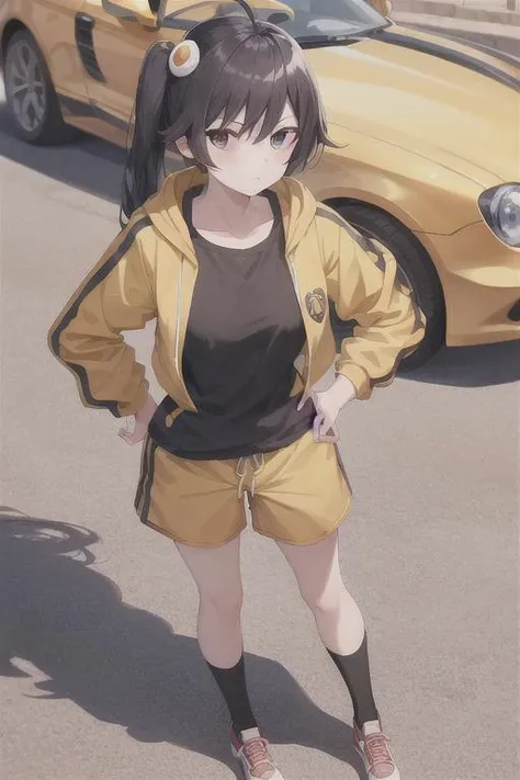 masterpiece,bestquality,ultra-detailed,Cinematic Lighting,llustration,masterpiece, best quality, 1girl, medium breasts, solo, <lora:Araragi Karen:0.5>, araragi karen, hair ornament, egg hair ornament, side ponytail, black hair, food-themed hair ornament, jacket, shorts, ahoge, hood, socks, track jacket, fried egg, looking at viewer, black eyes, black shirt, shirt, hand on hip, egg (food), yellow shorts, red socks, food, hooded track jacket, frown, asymmetrical hair,  long hair, closed mouth, skatesrealistic and detailed clothes, fine fabric emphasis, photorealistic, (extremely detailed), detailed hair, best resolution, best quality, best resolution, best quality, (Masterpiece), extremely detailed face, Original Character, perfect lighting, best colors, colorful, beautiful, fine detail, ultra high resolution, Natural Volumetric Lighting And Best Shadows, Deep Depth Of Field, (Highest Quality, Amazing Details:1.4)