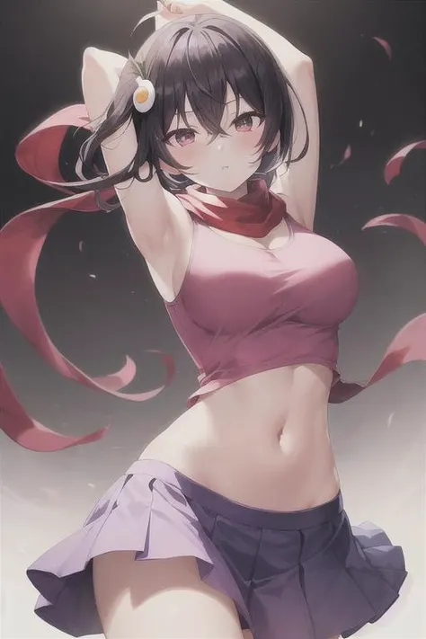 masterpiece,bestquality,ultra-detailed,Cinematic Lighting,llustration,masterpiece, best quality, 1girl, medium breasts, solo, <lora:Araragi Karen:0.5>, egg hair ornament, araragi karen, food-themed hair ornament, skirt, hair ornament, navel, black hair, breasts, ahoge, white background, pink shirt, shirt, long hair, side ponytail, sleeveless, simple background, midriff, purple skirt, pleated skirt, closed mouth, bangs, blush, looking at viewer, hair between eyes, sleeveless shirt, scarf, fried egg, black eyes, arms up, armpits, egg (food), red scarf, bow, skatesrealistic and detailed clothes, fine fabric emphasis, photorealistic, (extremely detailed), detailed hair, best resolution, best quality, best resolution, best quality, (Masterpiece), extremely detailed face, Original Character, perfect lighting, best colors, colorful, beautiful, fine detail, ultra high resolution, Natural Volumetric Lighting And Best Shadows, Deep Depth Of Field, (Highest Quality, Amazing Details:1.4)