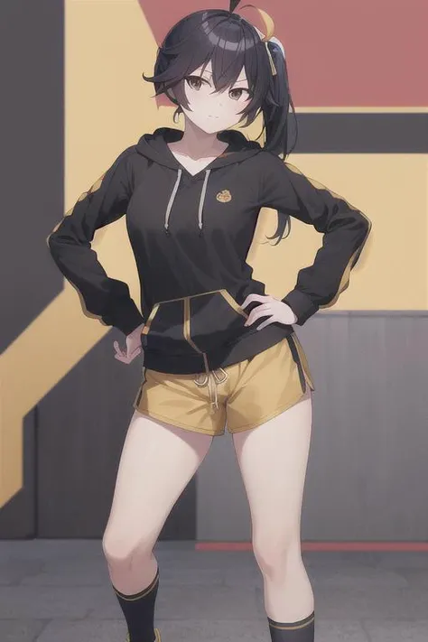 masterpiece,bestquality,ultra-detailed,Cinematic Lighting,llustration,masterpiece, best quality, 1girl, medium breasts, solo, <lora:Araragi Karen:0.5>, araragi karen, hair ornament, egg hair ornament, side ponytail, black hair, food-themed hair ornament, jacket, shorts, ahoge, hood, socks, track jacket, fried egg, looking at viewer, black eyes, black shirt, shirt, hand on hip, egg (food), yellow shorts, red socks, food, hooded track jacket, frown, asymmetrical hair, long hair, closed mouth, skatesrealistic and detailed clothes, fine fabric emphasis, photorealistic, (extremely detailed), detailed hair, best resolution, best quality, best resolution, best quality, (Masterpiece), extremely detailed face, Original Character, perfect lighting, best colors, colorful, beautiful, fine detail, ultra high resolution, Natural Volumetric Lighting And Best Shadows, Deep Depth Of Field, (Highest Quality, Amazing Details:1.4)