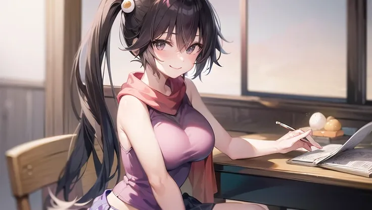 masterpiece, 1girl, medium breasts, solo, araragi karen, hair ornament, egg hair ornament, side ponytail, black hair, food-themed hair ornament, fried egg, looking at viewer, egg (food), long hair, <lora:araragiKarenLora_v1:0.5>, (black eyes:1.1), purple skirt, sleeveless, pink shirt, homework, books, holding pencil, smirk