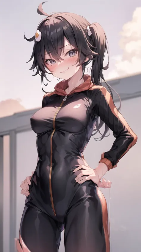 masterpiece, 1girl, medium breasts, solo, araragi karen, hair ornament, egg hair ornament, side ponytail, black hair, food-themed hair ornament, looking at viewer, long hair, <lora:araragiKarenLora_v1:0.8>, black eyes, smirk, asymmetrical hair, standing, sweat, ahoge, sky, hands on hips, cloud, day, bodysuit, smile, track jacket, skin tight, outdoors, blush, bike shorts, smug, track suit, cowboy shot, looking at viewer, sportswear, track pants, short sleeves