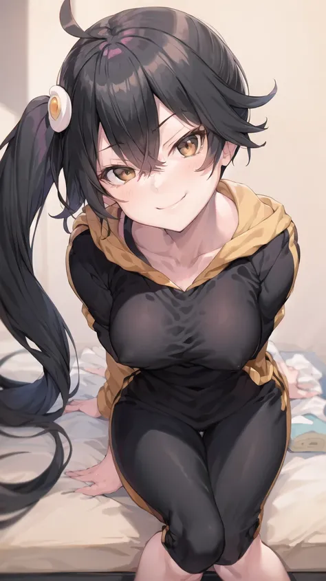 masterpiece, 1girl, medium breasts, solo, araragi karen, hair ornament, egg hair ornament, side ponytail, black hair, food-themed hair ornament, looking at viewer, long hair, <lora:araragiKarenLora_v1:0.8>, black eyes, smirk, asymmetrical hair, yellow hoodie, black shirt, track jacket, side ponytail, full body