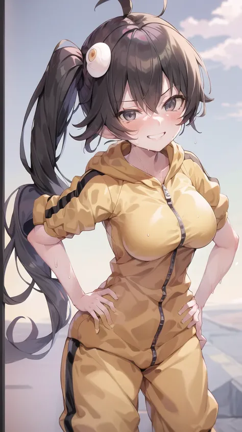 masterpiece, 1girl, medium breasts, solo, araragi karen, hair ornament, egg hair ornament, side ponytail, black hair, food-themed hair ornament, looking at viewer, long hair, <lora:araragiKarenLora_v1:0.8>, black eyes, smirk, asymmetrical hair, standing, sweat, ahoge, sky, hands on hips, cloud, day, smile, yellow track jacket, skin tight, outdoors, blush, black bike shorts, smug, yellow track suit, cowboy shot, looking at viewer, sportswear, short sleeves