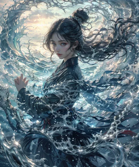 haifeisi,1girl,solo,long hair,black hair,water,realistic,chinese clothes,black eyes,waves,lips,long sleeves,upper body,splashing,hair bun,watermark,
Best quality,masterpiece,ultra high res,<lora:20240122-1705924259525-0015:0.65>,