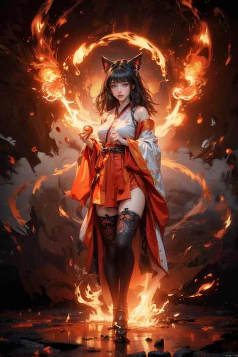 (masterpiece, top quality, best quality, official art, beautiful and aesthetic:1.2),(1girl),extreme detailed,solo,black hair,long hair,bangs,((medium breasts)),cleavage,((((hanfu)))),(((black_thighhighs))),absurdres,wallpaper,colorful,full_shot,looking_at_viewer,((((flame)))),((((burning)))),panorama,foreshortening,Cinematic Lighting,fantasy,gradient_background,<lora:add_detail:0.5>,(magic circles),red background,fox ears,fox tail,((a flame in hand)),((((abstract_background)))),(((lava))),(((magma))),((((fireball)))),standing,<lora:MIAOKA_younideshijie_1.0:0.3:lbw=color>,