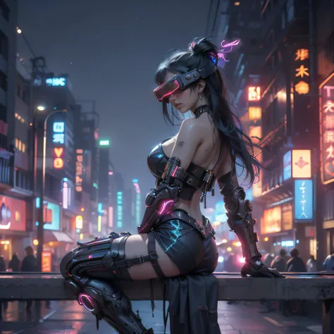 blurry,blurry_background,blurry_foreground,depth_of_field,motion_blur,1girl,cyberpunk,solo,science fiction,city,neon lights,sitting,night,building,strapless,breasts,hologram,skyscraper,boots,long hair,cityscape,thighhighs,sky,black hair,scenery,white footwear,upper body,(glow, light pollution:1.5),(solo focus:1.7),<lora:CyberPunkAISD15p:0.5>,cyberpunkai,(head-mounted display:1.3),utopian,futuristic,appealing,detailed,cinematic, graceful, luxury, rich detail, sharp, crisp, extremely detailed, symmetry, fine advanced, cinematic, professional, quiet, beautiful, elegant, spectacular, perfect, stunning, pure, ambient, epic, background, illuminated glowing, great composition, artistic, color, intricate, expressive, amazing, fantastic, creative