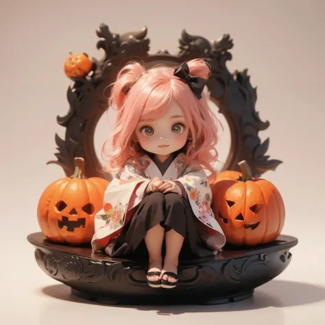 Best quality,masterpiece,ultra high res,1girl,heart,white background,jack-o'-lantern,blush,solo,bangs,wide sleeves,long sleeves,japanese clothes,sitting,bow,closed mouth,red bow,ahoge,white kimono,kimono,animal,holding,red eyes,pink hair,pumpkin,hair bow,zouri,simple background,full body,two side up,skirt,hakama,black footwear,sandals,chibi,creature,shirt,brown footwear,