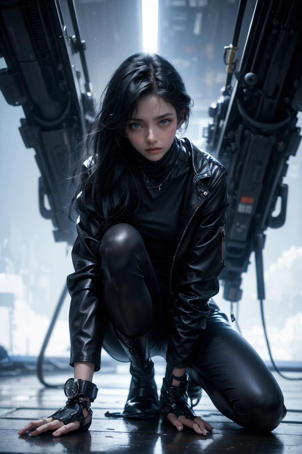 thriller theme,serious theme,real film photo,(Best Quality,Masterpiece),Super Detail,(High Detail skin),cinematic angle,depth of field,Ray Tracing,vfx,
1girl, solo,black hair,full body,Dark flying jacket,leather pants,(Long sleeved leather boots:1.3),dramatic lighting,(biomechanical),(oil stains:1.1),strong wind,
Complex emotions,looking_at_viewer,Tank tank top, blue sky and white clouds background,
<lora:add_detail:1>,