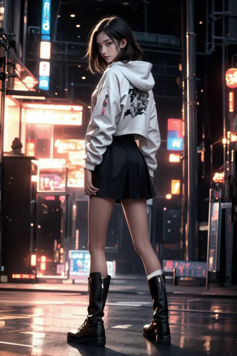 (RAW photo, best quality, masterpiece, ultra-detailed, high res, realistic), (extremely delicate and beautiful:1), (1girl:1.2, ((solo)), full body, standing, turn back), streetwear, hoodie, (short skirt:1), high boots, (street, excited), (bokeh:1), ( beautiful light, soft light:1, film grain:0.5)
<lora:GoodHands-beta2:0.8>