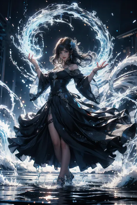 Best quality,masterpiece,ultra high res,<lora:shui 5:0.7>,
1girl,solo,long hair,dress,water,wide sleeves,breasts,hair ornament,black dress,bangs,standing,sky,looking at viewer,long sleeves,medium breasts,magic,hands up,bare shoulders,clothing cutout,smile,blue eyes,floating hair,outdoors,wading,ribbon,hair flower,closed mouth,filled with water energy,shui,