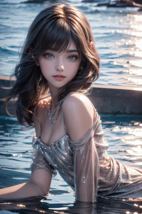 (masterpiece, best quality, highest quality, beautiful and aesthetic) ,(1 girl, smile, looking at viewer, metallic hair, breasts:1),(blushed, long eyelashes, double eyelid), (portrait, focus face), (body in water:1.2, sea), (white dress, thin dress, shoulder-baring, deep cleavage), (light on face, beautiful light, sun light, sunset:1.2, sparkling water surface, backlit:1.2, dof:1),<lora:hairdetailer:1> <lora:GoodHands-beta2:1> <lora:add_detail:0.5> <lora:zoom_slider_v1:1>