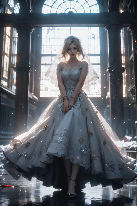 Best quality,masterpiece,ultra high res,1girl,gun,dress,blonde hair,veil,solo,jewelry,blood,necklace,blue eyes,blood on clothes,snow,bridal veil,wedding dress,tree,building,(covered in  on artstation,FAN ART,colourful,beautiful,artstation,film mood,dramaticoppressive lighting,shadows,cinematic atmosphere,sharp focus,worksafe,