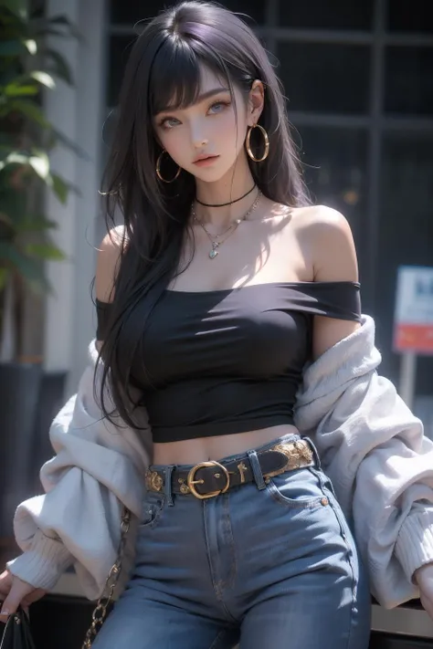 Best quality,masterpiece,ultra high res,1girl,solo,long hair,jewelry,earrings,purple eyes,purple hair,belt,shirt,looking at viewer,black shirt,jacket,denim,upper body,pants,hoop earrings,jeans,off shoulder,closed mouth,bangs,90s,style of a 1990s anime,