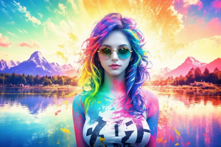her hair is a colorful mess of splattered color and paint, <lora:double exposure_20230615012613:0.7>(Double exposure:1), 1girl , multicolored background, mountainous horizon, background, (solo), red paint splatter, blue paint splatter, purple paint splatter, masterpiece, best quality, large breasts, sunglasses reflection, paint splattered long hair, smile,