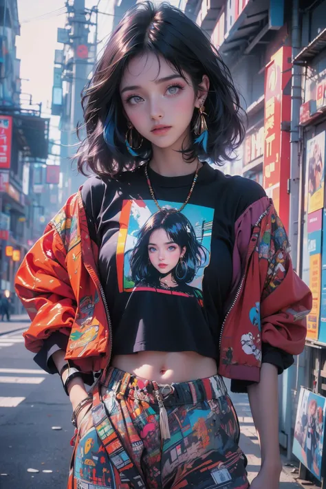 Best quality,masterpiece,ultra high res,solo,1girl,nail polish,looking at viewer,black pants,english text,bag,shirt,pants,midriff,cowboy shot,blurry,multicolored hair,navel,jewelry,short hair,purple nails,jacket,depth of field,black shirt,earrings,zipper,<lora:vaporwave2:0.7>,(photos printed on clothes:1.5),(the clothes have their own portrait printed on them:1.5),