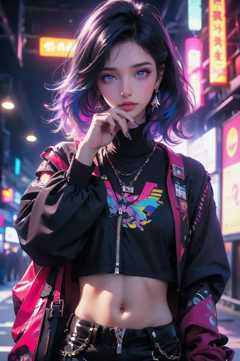 Best quality,masterpiece,ultra high res,solo,1girl,nail polish,looking at viewer,black pants,english text,bag,shirt,pants,midriff,cowboy shot,blurry,multicolored hair,navel,jewelry,short hair,purple nails,jacket,depth of field,black shirt,earrings,zipper,<lora:vaporwave2:0.7>,