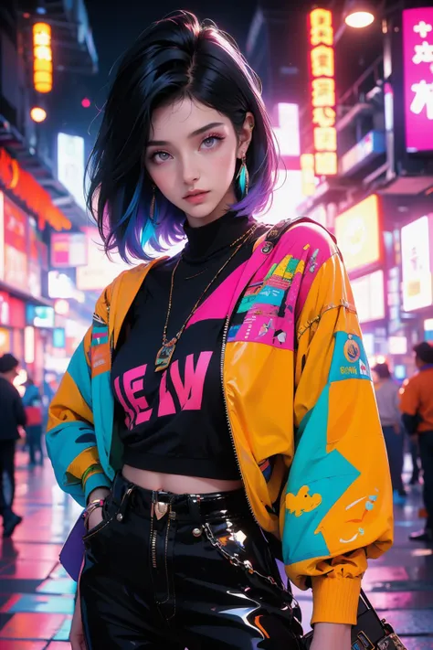 Best quality,masterpiece,ultra high res,solo,1girl,nail polish,looking at viewer,black pants,english text,bag,shirt,pants,midriff,cowboy shot,blurry,multicolored hair,navel,jewelry,short hair,purple nails,jacket,depth of field,black shirt,earrings,zipper,<lora:vaporwave2:0.7>,