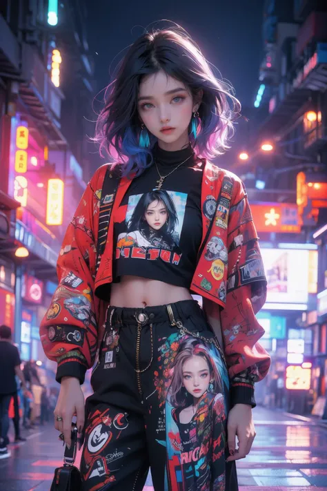 Best quality,masterpiece,ultra high res,solo,1girl,nail polish,looking at viewer,black pants,english text,bag,shirt,pants,midriff,cowboy shot,blurry,multicolored hair,navel,jewelry,short hair,purple nails,jacket,depth of field,black shirt,earrings,zipper,(photos printed on clothes:1.5),(the clothes have their own portrait printed on them:1.5),