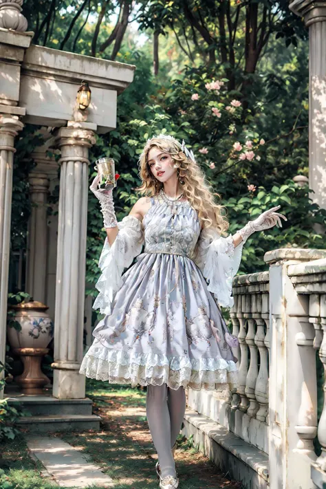 <lora:FZGQQ:0.72>, (((FZGQQ,grey dress,jewelry,detached sleeves,hair ornament,necklace,white gloves,lace,white pantyhose,lace trim,lace-trimmed dress,lace gloves)), (very long hairs, bow hairs, blonde color hairs )):1.22,
BREAK ((((1woman)), young woman, adorable, clear face, young face, solo)), (((full body))):1.33, ((milky skin, woman hands, good hands, good anatomy)),
((warm smile, a woman drinking, (holding a cup of tea))):1.15,
BREAK soft light, cinematic lighting, detailed(shadow, glow),
BREAK <lora:add_detail:0.45>, extremely detailed, ,4K, CG, finely detailed, (masterpiece, best quality):2.0, ((photorealistic:1.15)),
BREAK <lora:multi_sagging_v5:1>, ((sagging breasts, huge breasts)), <lora:Good Hands LoRA v0.1:0.7>,
((outdoors, scenery, city , balcony, plants, flowers, cozy, wind, lake)),