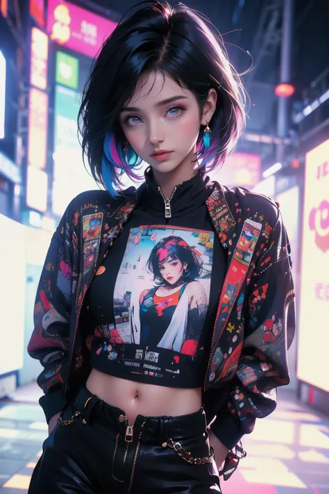 Best quality,masterpiece,ultra high res,solo,1girl,nail polish,looking at viewer,black pants,english text,bag,shirt,pants,midriff,cowboy shot,blurry,multicolored hair,navel,jewelry,short hair,purple nails,jacket,depth of field,black shirt,earrings,zipper,<lora:vaporwave2:0.7>,(photos printed on clothes:1.5),(the clothes have their own portrait printed on them:1.5),