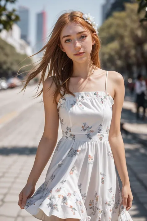 An4S41401-1300 as a sexy TikTok influencer, (((walking in mexico city))), modelshoot style, (extremely detailed CG unity 8k wallpaper), photo of the most beautiful artwork in the world, professional majestic (photography by Steve McCurry), 8k uhd, dslr, soft lighting, high quality, (film_grain:1.2), (bokeh, blurry foreground, blurry background), Fujifilm XT3 sharp focus, f 5.6, High Detail, Sharp focus, dramatic, (grey eyes), (seductive_smile:0.7), (((wearing white_floral_dress))), (looking at viewer:1.2), (detailed pupils:1.3), (natural light), (((medium-long shot:1.3)))