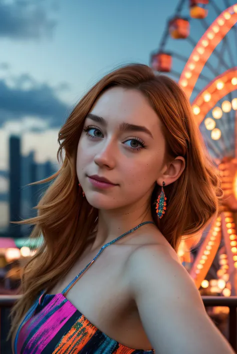 ((Selfie:1.1)), (raw:1.1) photo of (An4S41401-1300:0.99), a woman as a model, modelshoot style, (extremely detailed CG unity 8k wallpaper), photo of the most beautiful artwork in the world, professional majestic oil painting by Ed Blinkey, Atey Ghailan, Studio Ghibli, by Jeremy Mann, Greg Manchess, Antonio Moro, trending on ArtStation, trending on CGSociety, Intricate, High Detail, Sharp focus, dramatic, photorealistic painting art by midjourney and greg rutkowski, (at night:1.2), (dimly lit), (neon lights:1.2), (carnival:1.1), (makeup:1.1), ((ferris wheel in background)), ((summer dress:1.2)), (looking at viewer:1.3), (detailed pupils:1.3), (modern outfit:1.2), (closeup), (earrings), <lora:LowRa_2:0.3>