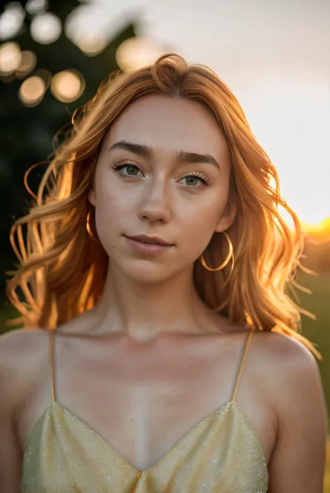 best quality raw photo of (An4S41401-1300:0.99), looking away, (summer dress:1.2), photo shot on Nikon D850, 16k, sharp focus, masterpiece, Hyper Detailed, breathtaking, atmospheric perspective, diffusion, pore correlation, skin imperfections, DSLR, 80mm Sigma f2, depth of field, film grain, outdoor in a field, sunset lighting, (golden hour:1.2), (detailed face:1.1), skin pores, 8k, skin texture, dslr,