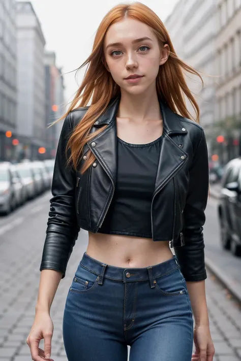An4S41401-1300 as a sexy TikTok influencer, (((walking in berlin))), modelshoot style, (extremely detailed CG unity 8k wallpaper), photo of the most beautiful artwork in the world, professional majestic (photography by Steve McCurry), 8k uhd, dslr, soft lighting, high quality, (film_grain:1.2), (bokeh, blurry foreground, blurry background), Fujifilm XT3 sharp focus, f 5.6, High Detail, Sharp focus, dramatic, (seductive_smile:0.7), (((crop top, jeans_pants, open_leather_jacket))), (looking at viewer:1.2), (detailed pupils:1.3), (natural light), (((medium-long shot:1.3)))