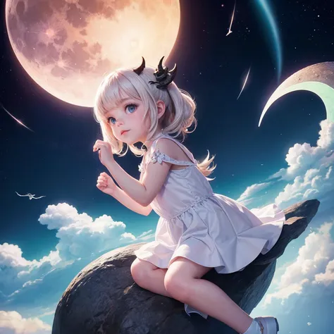 (a little girl), charming, short white dress, dragon, cute, (sitting moon), moon, stars, clouds, masterpiece, best quality, surreal, dragon dreams, (masterpiece,best quality:1.5), <lora:add_detail:0.35>, good hands:1, five fingers