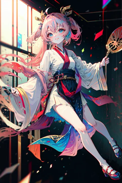 <lora:beautifulDetailedEyes_v10:1> <lora:elegantHanfuRuqun_v10:1> ru_qun, hanfu, blue eyes, pink hair, masterpiece, best quality, (colorful:1.5), open smile, fluffy, blush, bridge, trees, butterfly