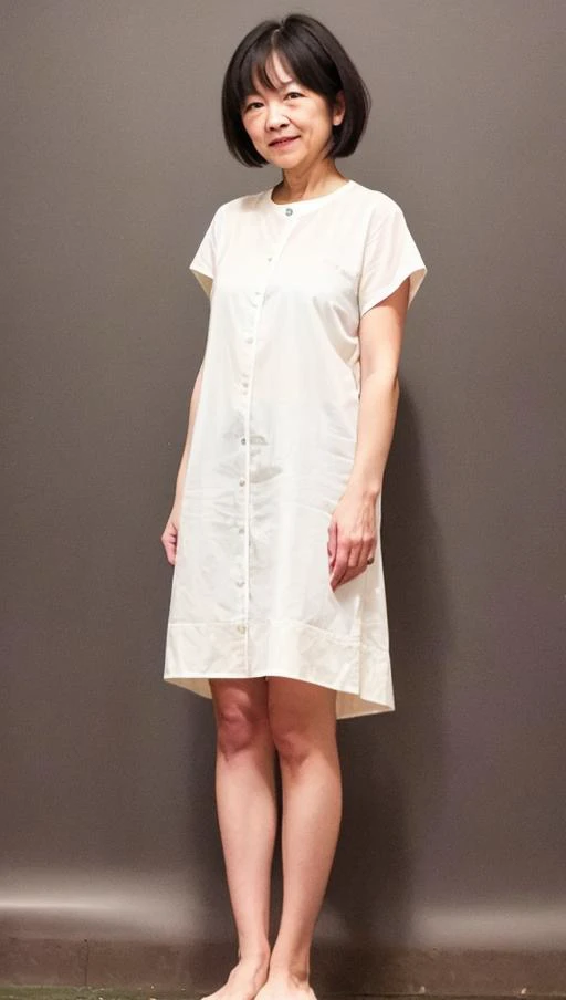 1lady,50yo,short hair,full body, black background,barefoot,face viewer, standing,ru_qun