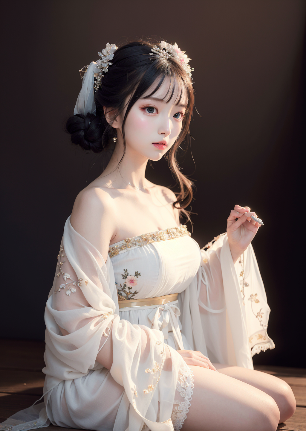 A woman in a white dress sitting on a wooden floor - SeaArt AI