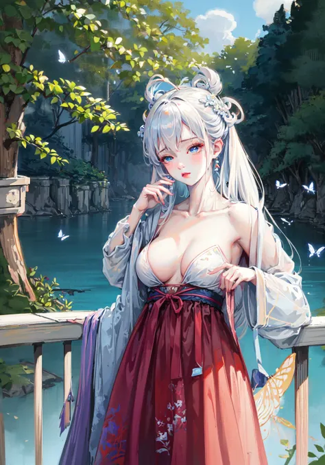 blue ru_qun,best_quality,head,original_outfit,hanfu,clear details,masterpiece, best_quality, clear details,1girl,garden background,, butterfly on finger,blue eyes,white hair,long hair,big eyes <lora:elegantHanfuRuqun_v10:1>,nsfw,breast