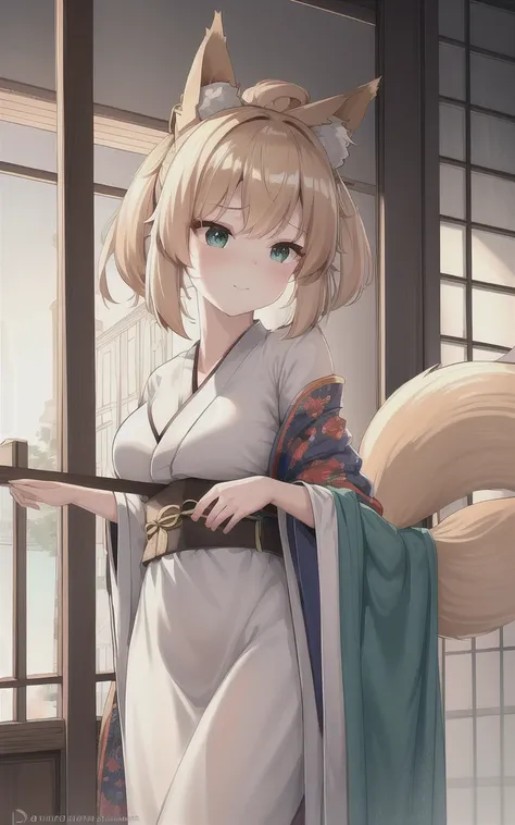 ((close-up face)), ((face)), ((beautiful eyes)), ((masterpiece:1.3)), best quality, ultra-detailed, ((illustration)), 1girl, solo, ((ru_qun, ruqun original_outfit, clear details, kimono)), daytime, cute, mature, ponytail, ((fox girl, fox ears, fox tail, kitsune:1.2)), ((blonde hair, hair bell: 1.1)), ((green eyes)), comfortable, relaxed, confident, satisfied, emotionless, natural light, shadow, contrast, texture, detail, realism, impressionistic, expressionistic, innovative, experimental, unique, warmth, coziness, intimacy, personal space, privacy, relaxation, ease, contentment, pleasure, self-expression, individuality, fashion, style, aesthetics, beauty, sensuality, flirtatious, provocative, innocent, vibrancy, joy, emotion, creativity, imagination, artistry, composition, balance, harmony, rhythm, color, light, shadow, reflection, refraction, tone, contrast, foreground, middle ground, background, naturalistic, figurative, representational