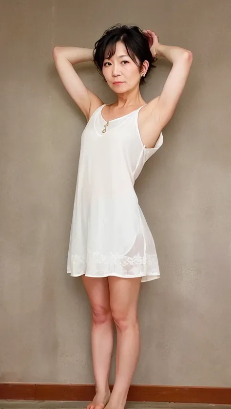 1lady,(50yo:1.6),short hair,full body, white background,(barefoot:1.6),(arms above head:1.6),looking at viewer, standing,ru_qun <lora:elegantHanfuRuqun_v101:1>